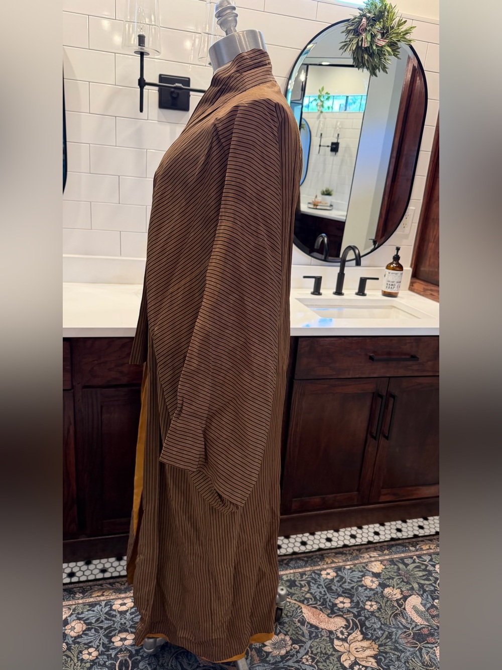 Vintage Japanese Silk Kimono Maxi Robe Tokugawa Crest Tsumugi Striped AS IS - Picture 8 of 16
